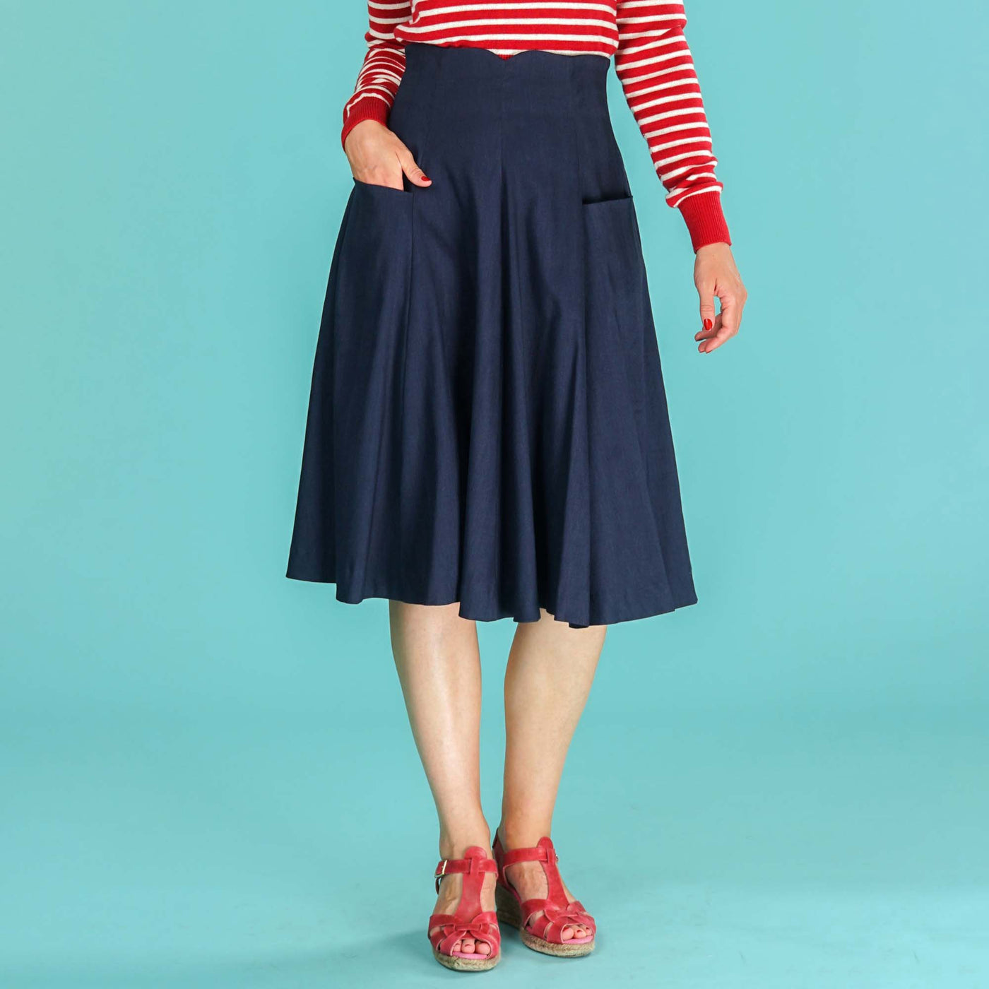 Navy Blue Swing Skirt High Waist Emmy Design Swirly Sweetheart
