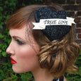 Black Glitter Heart Fascinator Model Dollydagger