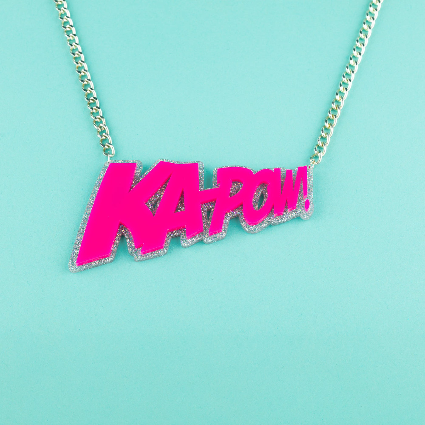 Slogan Necklace Ka-Pow! Pink and Silver